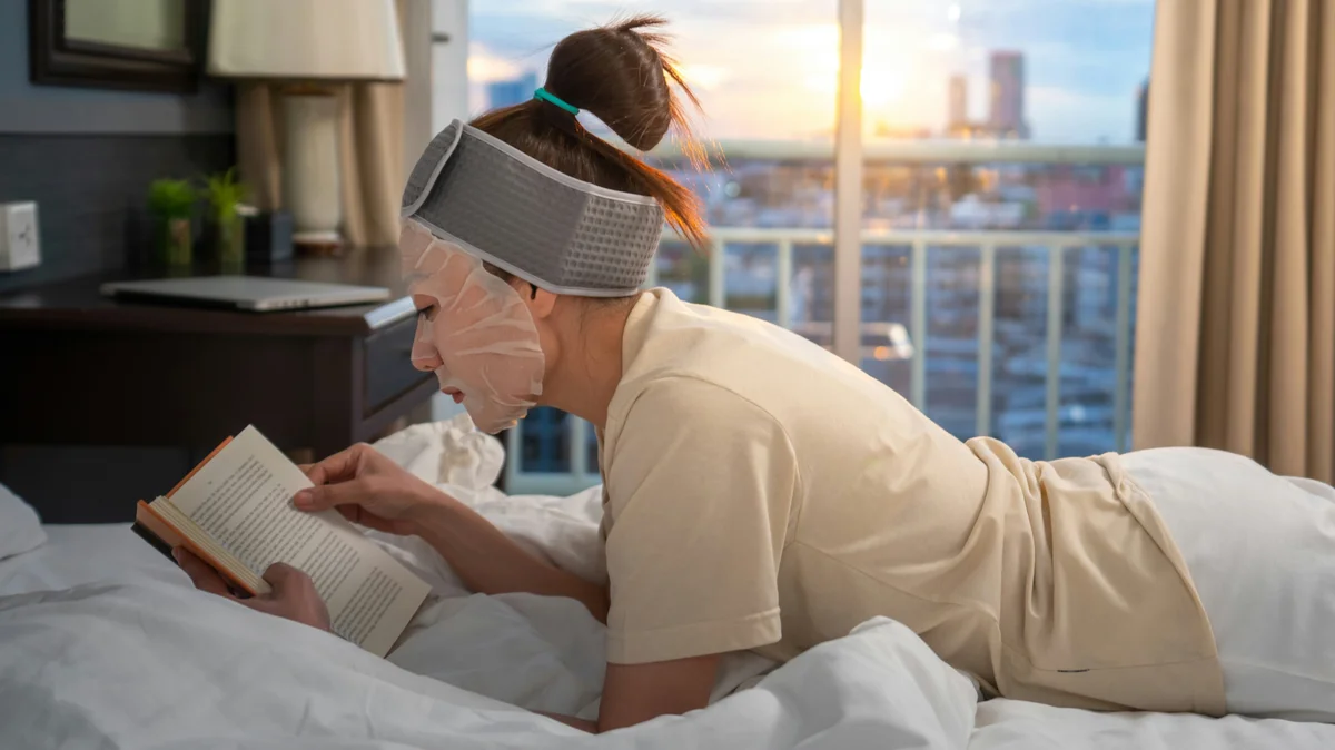 Seitenansicht einer Frau, die zu Hause bauchlings auf ihrem Bett liegt und ein Buch liest, während sie eine feuchtigkeitsspendende Gesichtsmaske und ein Beauty-Stirnband trägt