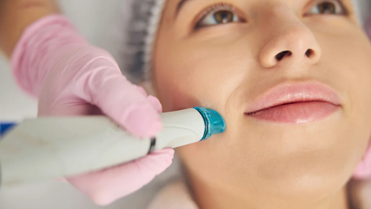 Nahaufnahme eines HydraFacial-Geräts, das während einer Behandlung im Salon über die Wange einer Kundin gleitet